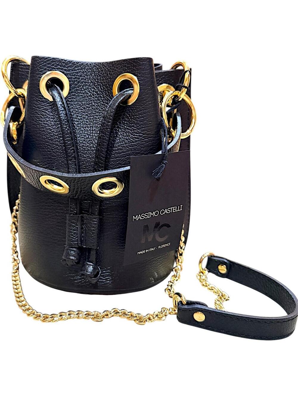 Massimo Castelli Black Leather Bucket Bag with Gold Chain Strap